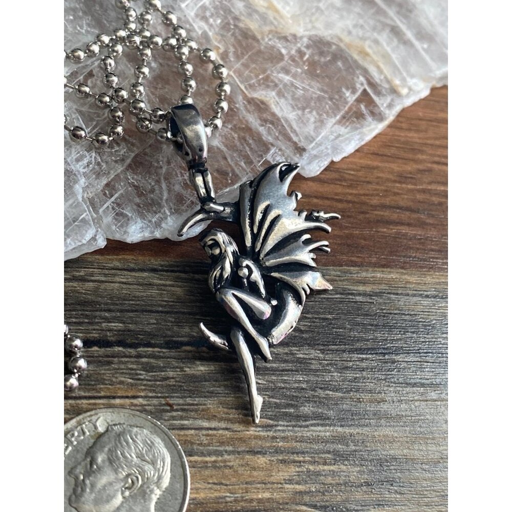 American Silver Pewter Moon Fairy Pendant Necklace